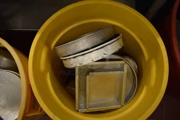ALL ONE MONEY! Lot of Metal Baking Pans in Yellow Poly Trash Can! Includes 6.5x6.5x2. (bakery kitchen) - Image 3 of 4