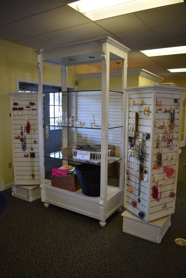3 Various Stands w/ Contents Including Jewelry. Includes 18x18x70. 3 Times Your Bid! (yellow clothing store) - Image 1 of 7
