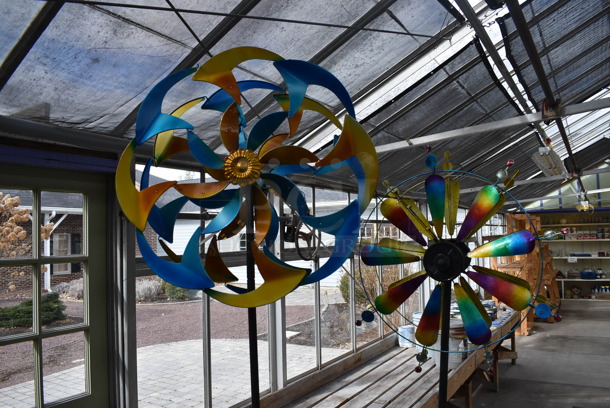 Black Metal Floor Style Rack w/ 2 Colorful Pinwheels. 24x12x84, 23x9x77. (greenhouse) - Image 2 of 5