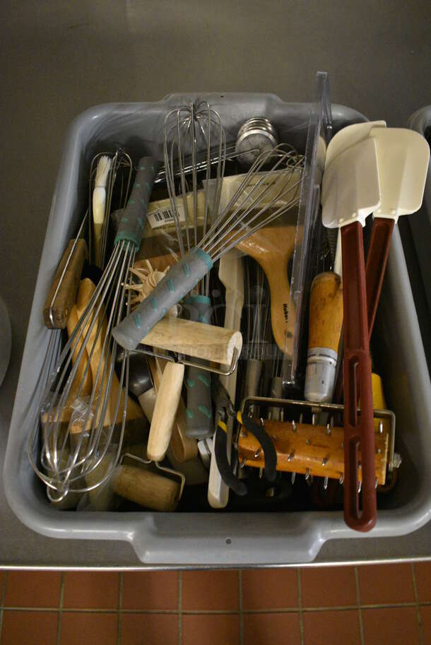 ALL ONE MONEY! Lot of Various Metal Utensils Including Whisks and Dough Docker in Gray Poly Bus Bin! 21.5x15x5. (bakery kitchen)