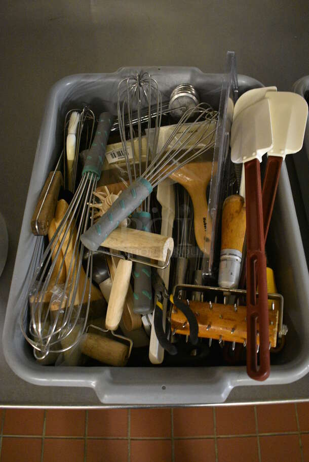 ALL ONE MONEY! Lot of Various Metal Utensils Including Whisks and Dough Docker in Gray Poly Bus Bin! 21.5x15x5. (bakery kitchen) - Image 1 of 6