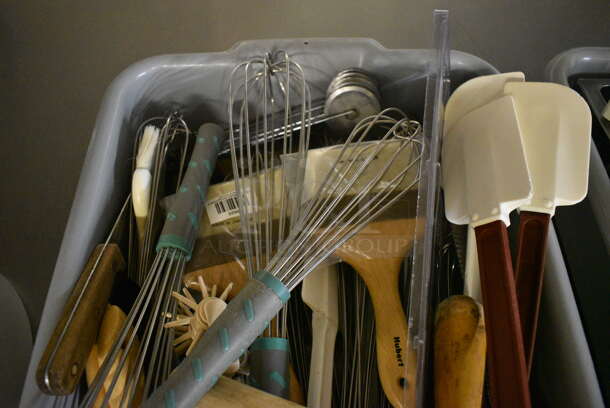ALL ONE MONEY! Lot of Various Metal Utensils Including Whisks and Dough Docker in Gray Poly Bus Bin! 21.5x15x5. (bakery kitchen) - Image 2 of 6