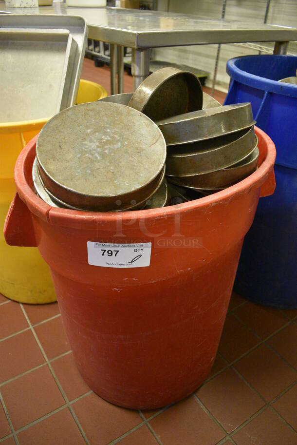 ALL ONE MONEY! Lot of Metal Baking Pans in Red Poly Trash Can! Includes 8.25x8.25x1.5. (bakery kitchen)