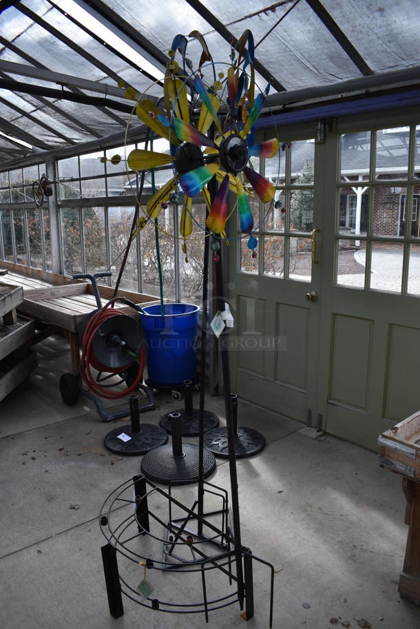 Black Metal Floor Style Rack w/ 2 Colorful Pinwheels. 24x12x84, 23x9x77. (greenhouse) - Image 4 of 5