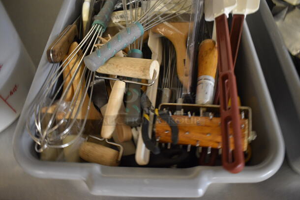 ALL ONE MONEY! Lot of Various Metal Utensils Including Whisks and Dough Docker in Gray Poly Bus Bin! 21.5x15x5. (bakery kitchen) - Image 3 of 6