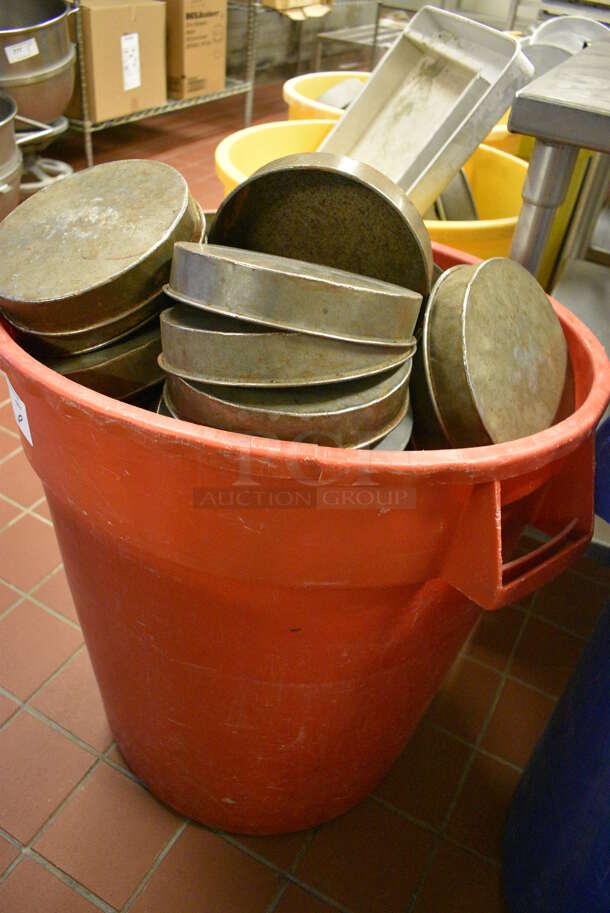 ALL ONE MONEY! Lot of Metal Baking Pans in Red Poly Trash Can! Includes 8.25x8.25x1.5. (bakery kitchen) - Image 3 of 4