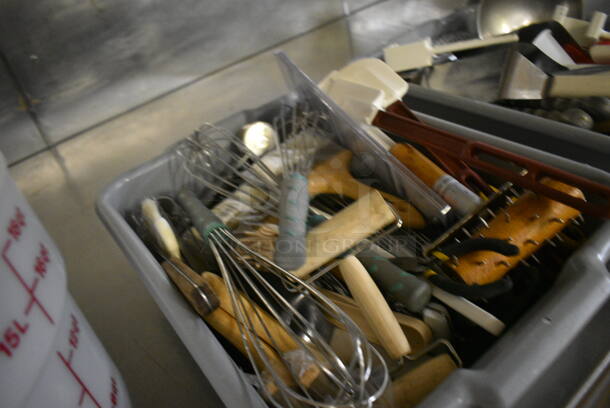 ALL ONE MONEY! Lot of Various Metal Utensils Including Whisks and Dough Docker in Gray Poly Bus Bin! 21.5x15x5. (bakery kitchen) - Image 5 of 6
