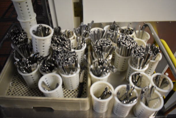 Stainless Steel Commercial 3 Tier Cart w/ Push Handles and Various Silverware in White Baskets on Commercial Casters. 37x24x39.5.( kitchen) - Image 2 of 5