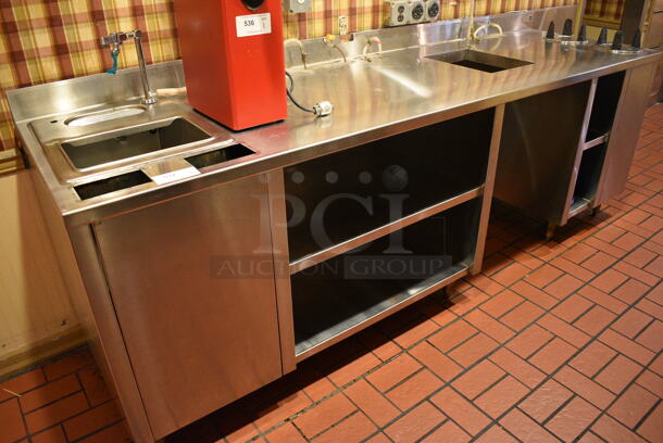 Stainless Steel Commercial Counter w/ Water Faucet, 2 Plate Returns and Under Shelves. BUYER MUST REMOVE. 106x30x40.5. (main dining room - POS Room)