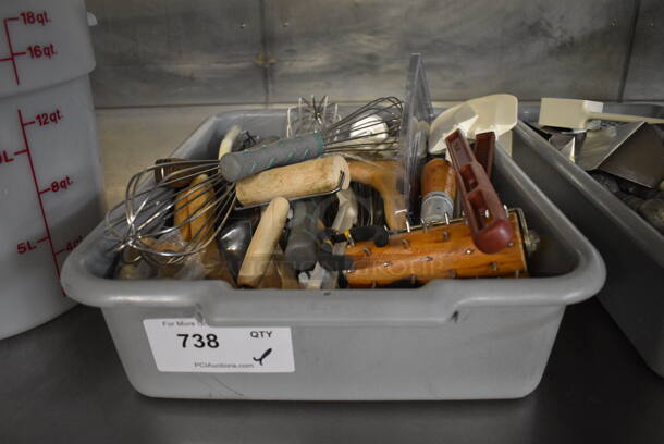 ALL ONE MONEY! Lot of Various Metal Utensils Including Whisks and Dough Docker in Gray Poly Bus Bin! 21.5x15x5. (bakery kitchen) - Image 6 of 6