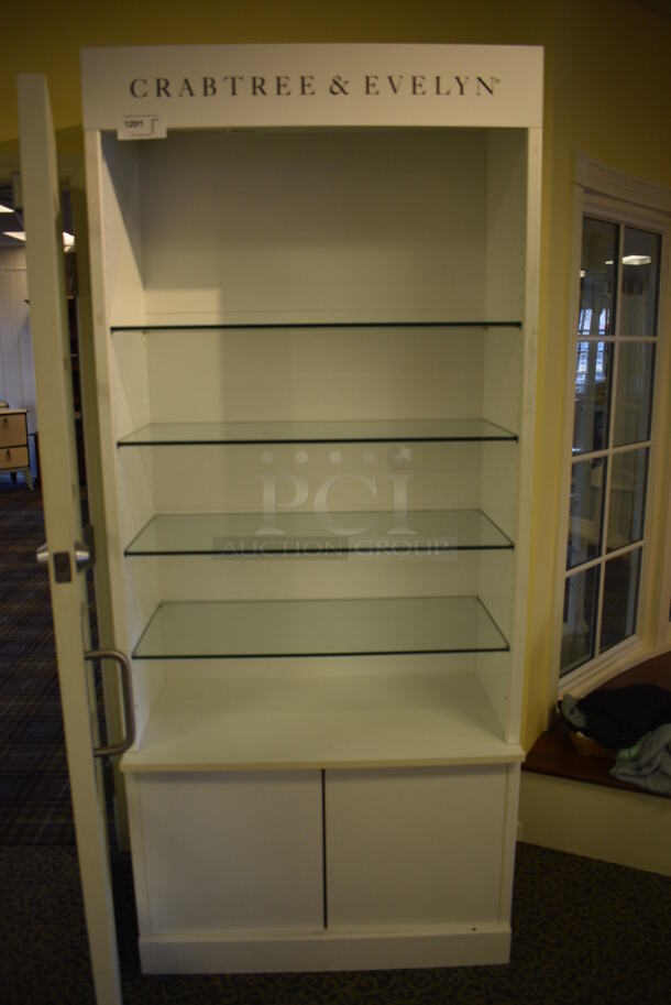 White Wooden Shelving Unit w/ Glass Shelves. 38x20x87. (yellow clothing store)