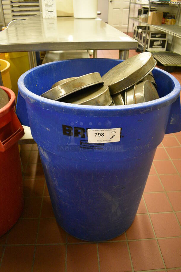 ALL ONE MONEY! Lot of Metal Baking Pans in Blue Poly Trash Can! Includes 10.25x10.25x1.5. (bakery kitchen)