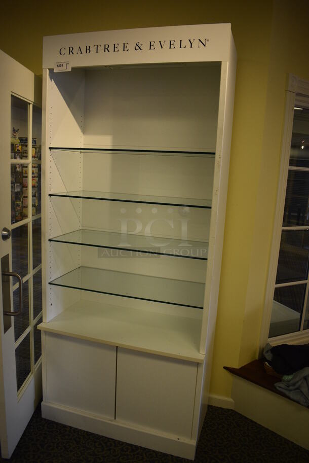 White Wooden Shelving Unit w/ Glass Shelves. 38x20x87. (yellow clothing store) - Image 2 of 4