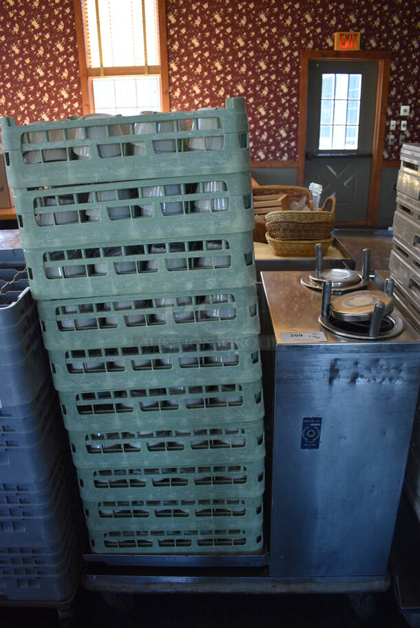 Stainless Steel Commercial Dish Caddy Cart w/ 2 Plate Return Wells, 7 Dish Caddies and Approximately 150 White Ceramic Bowls on Commercial Casters. 36x23x40. 4.5x4.5x2.5. (back dining room)