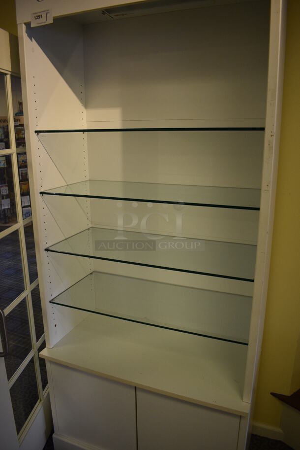 White Wooden Shelving Unit w/ Glass Shelves. 38x20x87. (yellow clothing store) - Image 3 of 4
