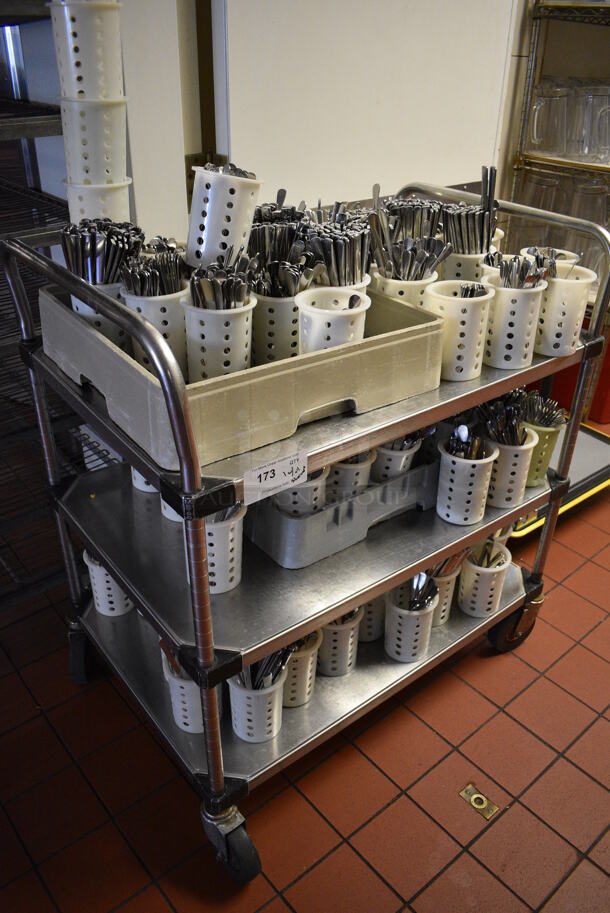 Stainless Steel Commercial 3 Tier Cart w/ Push Handles and Various Silverware in White Baskets on Commercial Casters. 37x24x39.5.( kitchen) - Image 5 of 5