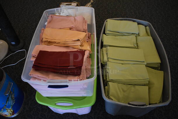ALL ONE MONEY! Lot of 3 Poly Bins of Various Tablecloths! Includes 54x54. (ballroom)