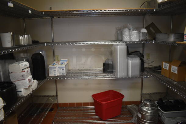 Metro Chrome Finish 5 Section Shelving Unit w/ 10 Poles. Does Not Include Contents. BUYER MUST DISMANTLE. PCI CANNOT DISMANTLE FOR SHIPPING. PLEASE CONSIDER FREIGHT CHARGES. Each Section: 72x24x87 (kitchen) - Image 2 of 3