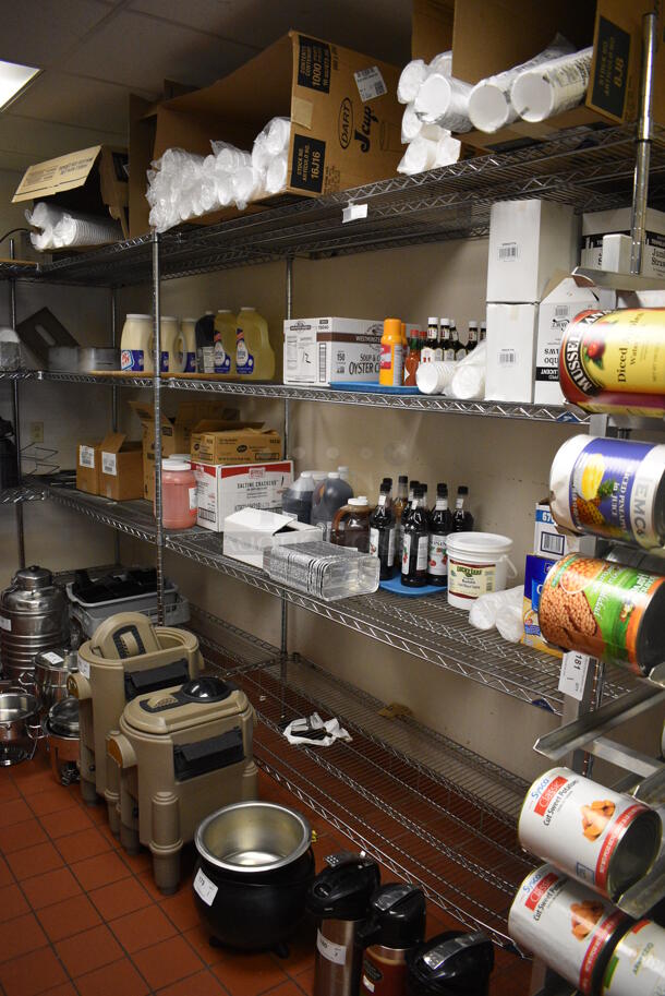 Metro Chrome Finish 5 Section Shelving Unit w/ 10 Poles. Does Not Include Contents. BUYER MUST DISMANTLE. PCI CANNOT DISMANTLE FOR SHIPPING. PLEASE CONSIDER FREIGHT CHARGES. Each Section: 72x24x87 (kitchen) - Image 3 of 3