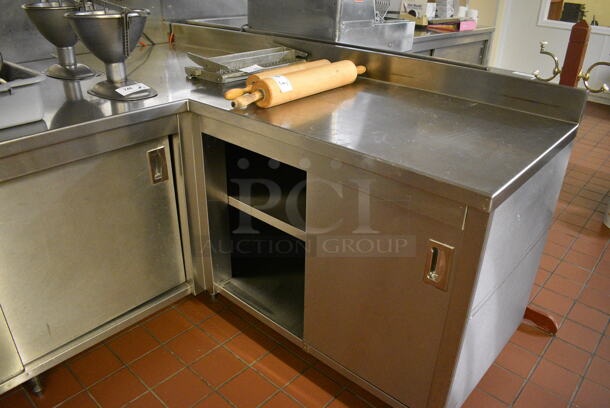 Stainless Steel Commercial L Shaped Table w/ 4 Doors and Under Shelves. Does Not Come w/ Contents. BUYER MUST REMOVE. 109x81x40.5. (bakery kitchen) - Image 3 of 5