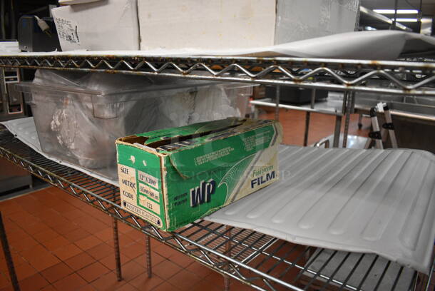 Chrome Finish 3 Tier Shelving Unit w/ Contents Including Edlund Knife Sharpener and Various Paper Products. BUYER MUST DISMANTLE. PCI CANNOT DISMANTLE FOR SHIPPING. PLEASE CONSIDER FREIGHT CHARGES. 60x24x74. (kitchen) - Image 2 of 7
