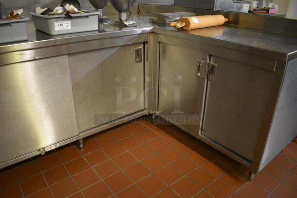Stainless Steel Commercial L Shaped Table w/ 4 Doors and Under Shelves. Does Not Come w/ Contents. BUYER MUST REMOVE. 109x81x40.5. (bakery kitchen) - Image 4 of 5