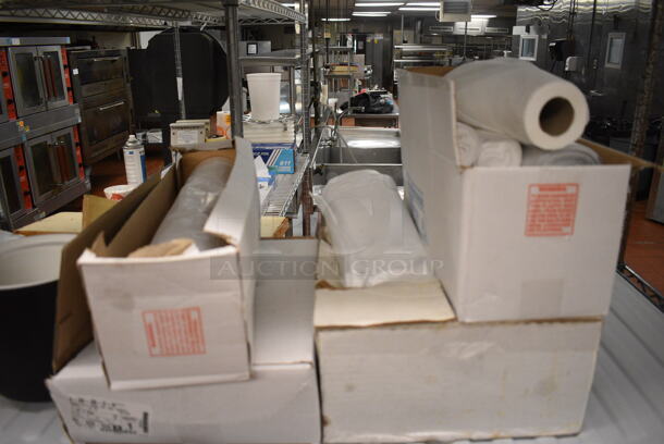 Chrome Finish 3 Tier Shelving Unit w/ Contents Including Edlund Knife Sharpener and Various Paper Products. BUYER MUST DISMANTLE. PCI CANNOT DISMANTLE FOR SHIPPING. PLEASE CONSIDER FREIGHT CHARGES. 60x24x74. (kitchen) - Image 3 of 7