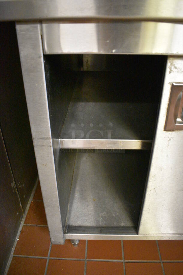 Stainless Steel Commercial L Shaped Table w/ 4 Doors and Under Shelves. Does Not Come w/ Contents. BUYER MUST REMOVE. 109x81x40.5. (bakery kitchen) - Image 5 of 5