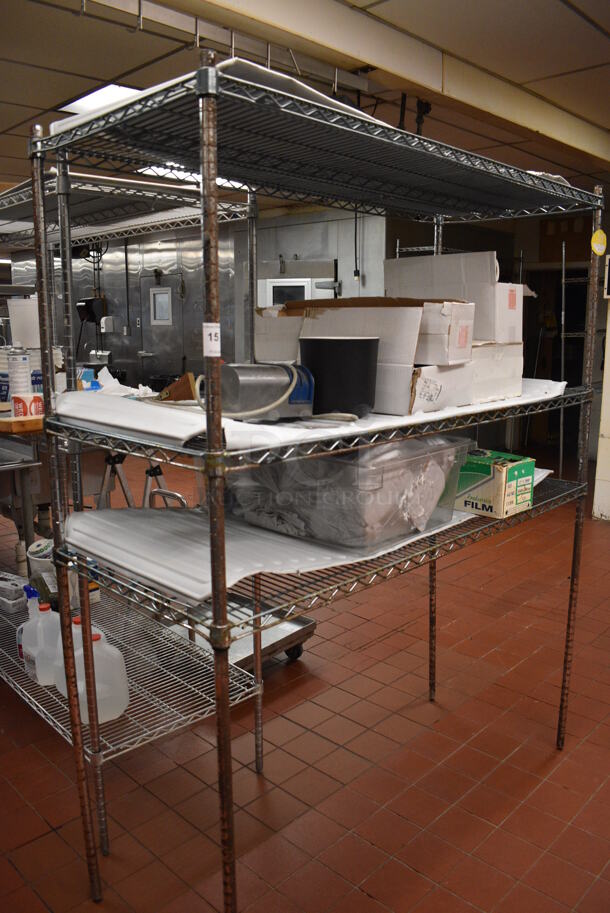 Chrome Finish 3 Tier Shelving Unit w/ Contents Including Edlund Knife Sharpener and Various Paper Products. BUYER MUST DISMANTLE. PCI CANNOT DISMANTLE FOR SHIPPING. PLEASE CONSIDER FREIGHT CHARGES. 60x24x74. (kitchen) - Image 7 of 7