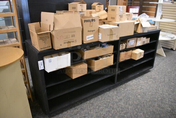 Black Wooden Shelving Unit w/ Contents Including Lightbulbs. (garden center)