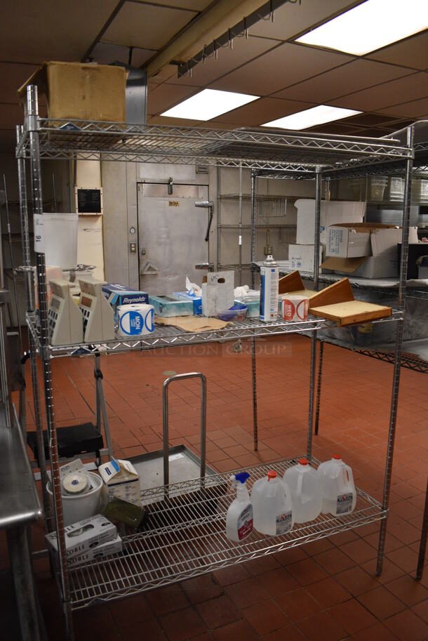 Chrome Finish 3 Tier Shelving Unit w/ Contents Including Two FMP Timers and Various Paper Products. BUYER MUST DISMANTLE. PCI CANNOT DISMANTLE FOR SHIPPING. PLEASE CONSIDER FREIGHT CHARGES. 54x24x74. (kitchen) - Image 1 of 7