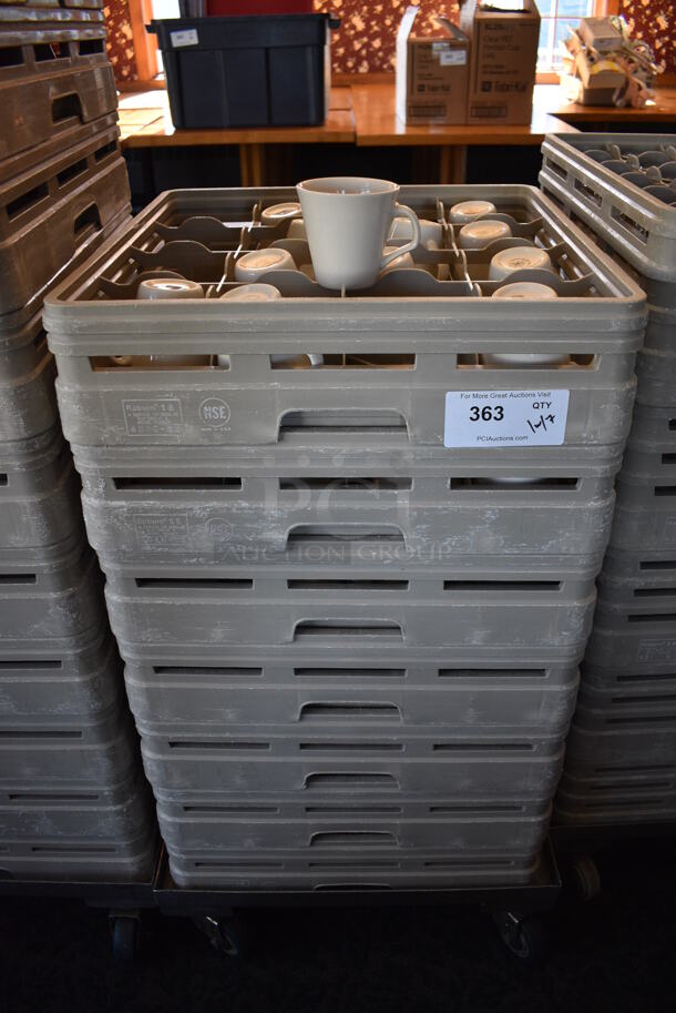 Metal Dish Caddy Dolly w/ 7 Dish Caddies and Approximately 100 White Ceramic Mugs on Commercial Casters. 21.5x23x32. 4.5x3.5x3.5. (back dining room) - Image 1 of 5