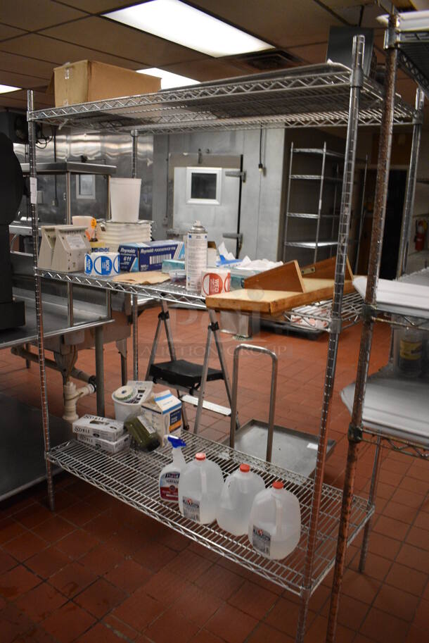 Chrome Finish 3 Tier Shelving Unit w/ Contents Including Two FMP Timers and Various Paper Products. BUYER MUST DISMANTLE. PCI CANNOT DISMANTLE FOR SHIPPING. PLEASE CONSIDER FREIGHT CHARGES. 54x24x74. (kitchen) - Image 2 of 7