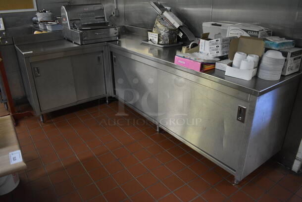 Stainless Steel Commercial L Shaped Table w/ 4 Doors and Under Shelves. Does Not Come w/ Contents. BUYER MUST REMOVE. 66x110x40.5. (bakery kitchen) - Image 1 of 4