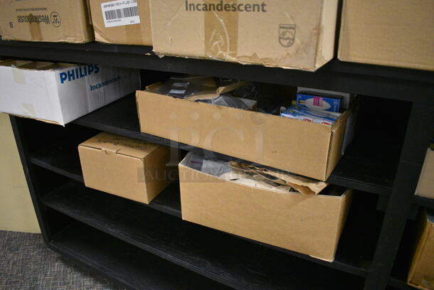 Black Wooden Shelving Unit w/ Contents Including Lightbulbs. (garden center) - Image 5 of 6