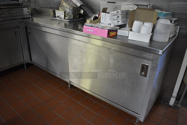 Stainless Steel Commercial L Shaped Table w/ 4 Doors and Under Shelves. Does Not Come w/ Contents. BUYER MUST REMOVE. 66x110x40.5. (bakery kitchen) - Image 2 of 4