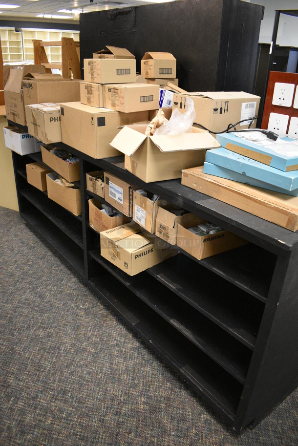 Black Wooden Shelving Unit w/ Contents Including Lightbulbs. (garden center) - Image 6 of 6