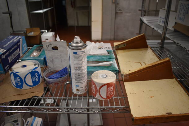 Chrome Finish 3 Tier Shelving Unit w/ Contents Including Two FMP Timers and Various Paper Products. BUYER MUST DISMANTLE. PCI CANNOT DISMANTLE FOR SHIPPING. PLEASE CONSIDER FREIGHT CHARGES. 54x24x74. (kitchen) - Image 6 of 7