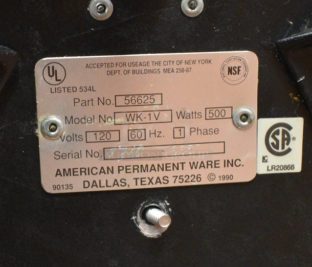 American Permanent Ware Model WK-1V Metal Commercial Soup Kettle Food Warmer. 120 Volts, 1 Phase. 13x13x13. Unit Was In Working Condition When Restaurant Closed. (kitchen) - Image 4 of 4
