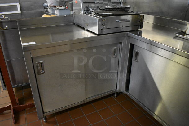 Stainless Steel Commercial L Shaped Table w/ 4 Doors and Under Shelves. Does Not Come w/ Contents. BUYER MUST REMOVE. 66x110x40.5. (bakery kitchen) - Image 3 of 4