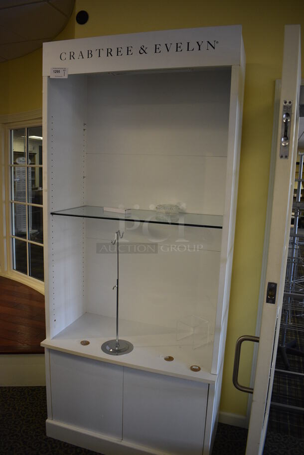 White Wooden Cabinet w/ Glass Shelf. 38x20x87. (yellow clothing store) - Image 2 of 5