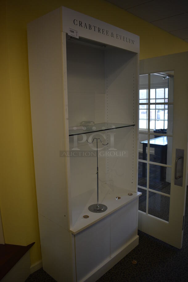 White Wooden Cabinet w/ Glass Shelf. 38x20x87. (yellow clothing store) - Image 3 of 5