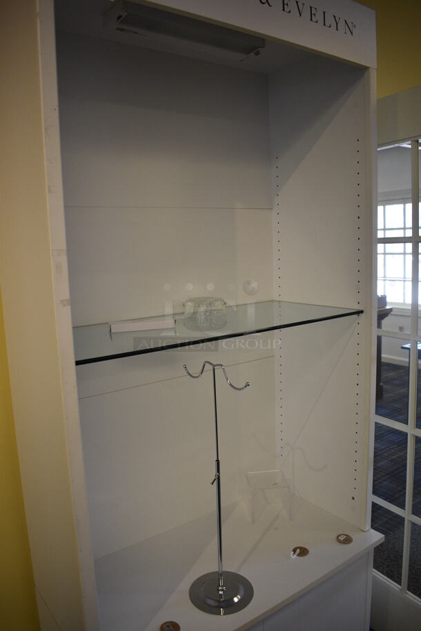 White Wooden Cabinet w/ Glass Shelf. 38x20x87. (yellow clothing store) - Image 4 of 5