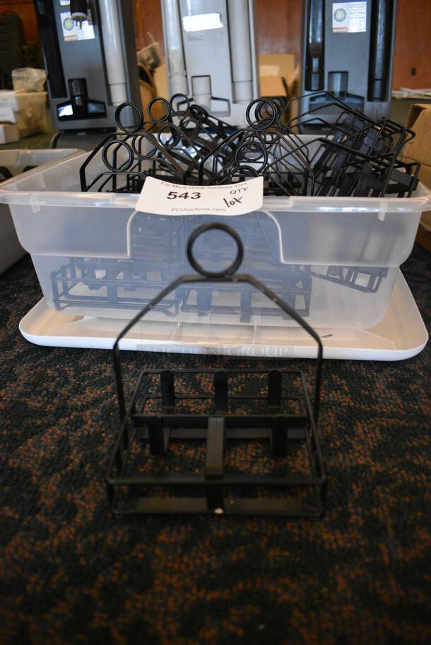 ALL ONE MONEY! Lot of 20 Black Metal Countertop Condiment Holders in Clear Bin! 5x5x6.5. (ballroom) - Image 1 of 4