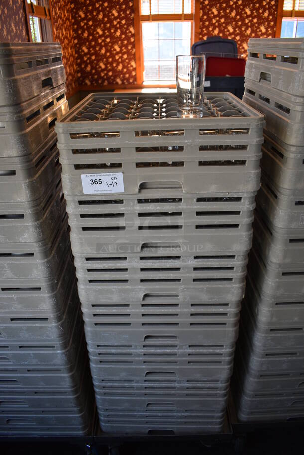 Metal Dish Caddy Dolly w/ 7 Dish Caddies and Approximately 250 Beverage Glasses on Commercial Casters. 21.5x23x32. 2.5x2.5x5.5. (back dining room) - Image 1 of 5