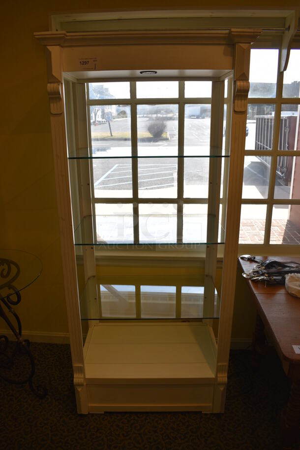 White Wooden Shelving Unit w/ Glass Shelves. 34x24x76. (yellow clothing store)