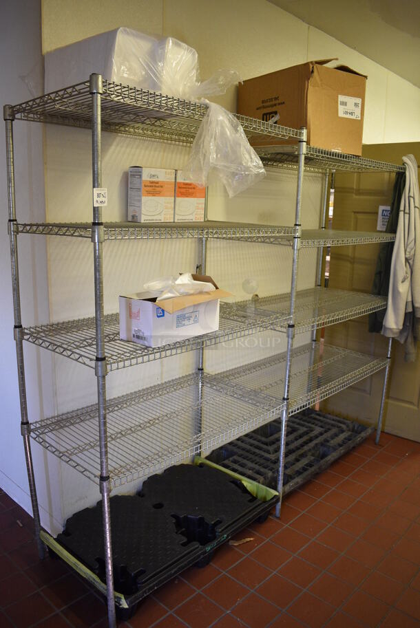 Chrome Finish 4 Tier Double Shelving Unit. Does Not Come w/ Contents. BUYER MUST DISMANTLE. PCI CANNOT DISMANTLE FOR SHIPPING. PLEASE CONSIDER FREIGHT CHARGES. 88x24x75. (bakery kitchen) - Image 1 of 3