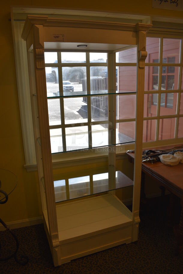 White Wooden Shelving Unit w/ Glass Shelves. 34x24x76. (yellow clothing store) - Image 2 of 4