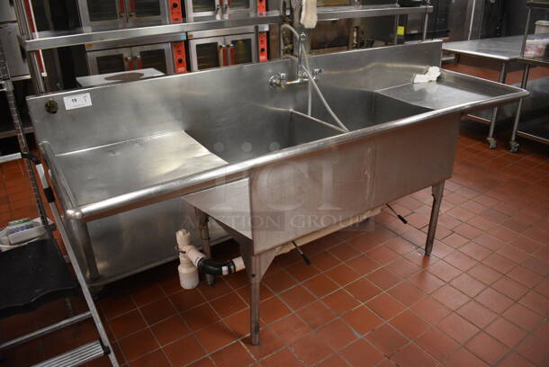 Stainless Steel Commercial 2 Bay Sink w/ Dual Drainboards and Handles. 96x28x44. Bays 24x24x14. Drainboards 22x24x2. (kitchen)