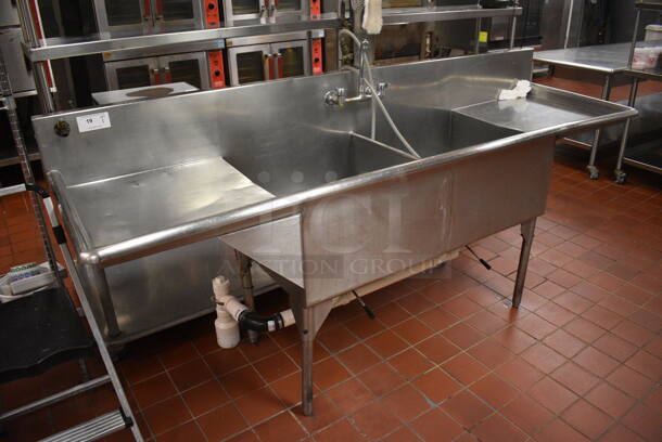 Stainless Steel Commercial 2 Bay Sink w/ Dual Drainboards and Handles. 96x28x44. Bays 24x24x14. Drainboards 22x24x2. (kitchen) - Image 1 of 6